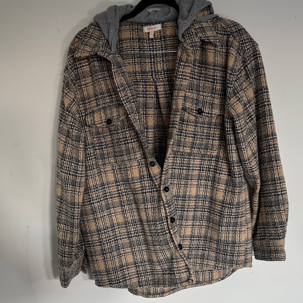 Plaid Button Down Shirt with Hood